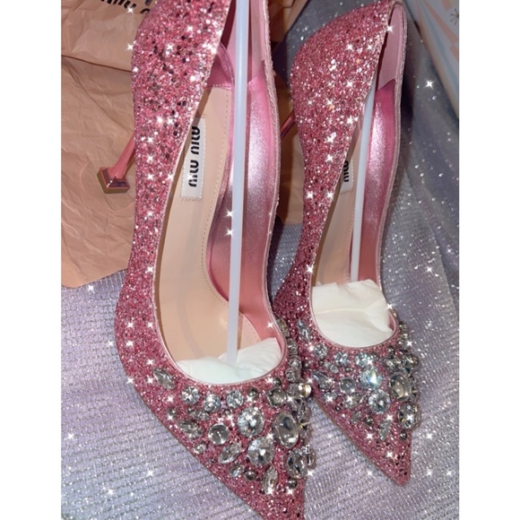 Mui Mui Pink New Glitter Crystal Embellished Pointed Pumps - Picture 4 of 8
